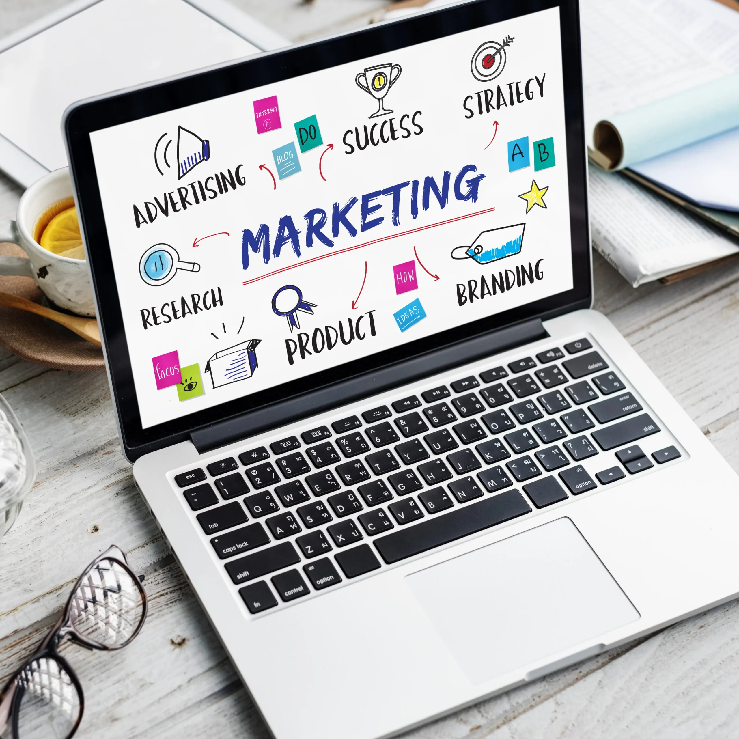 A laptop on a desk showing the word marketing surrounded by planning notes