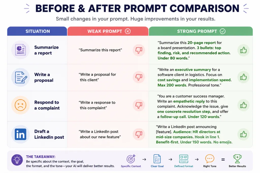 A comparison of weak and strong prompts for summarising a report, writing a proposal, replying to a complaint and drafting a post