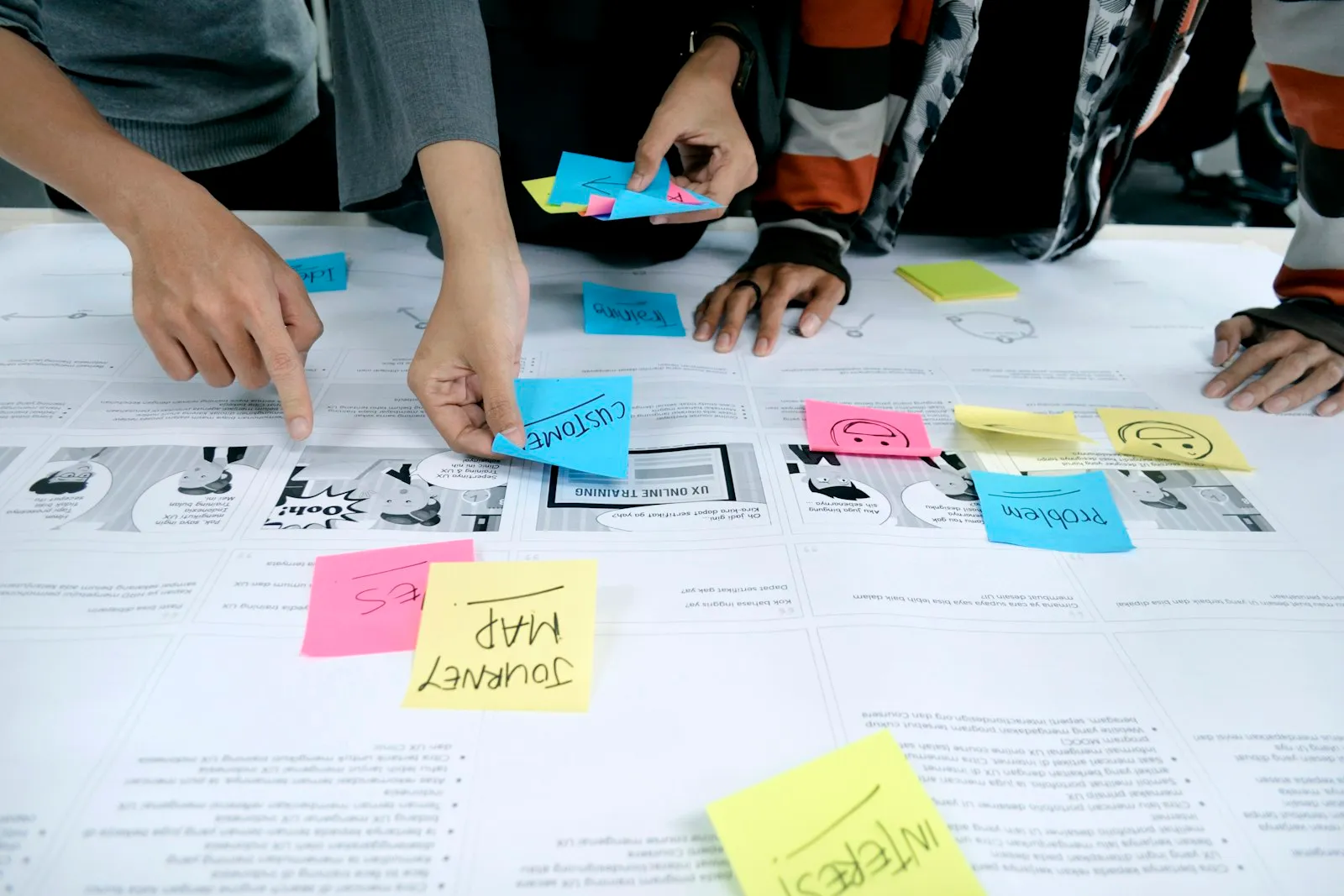 A team mapping a customer journey with sticky notes on a table