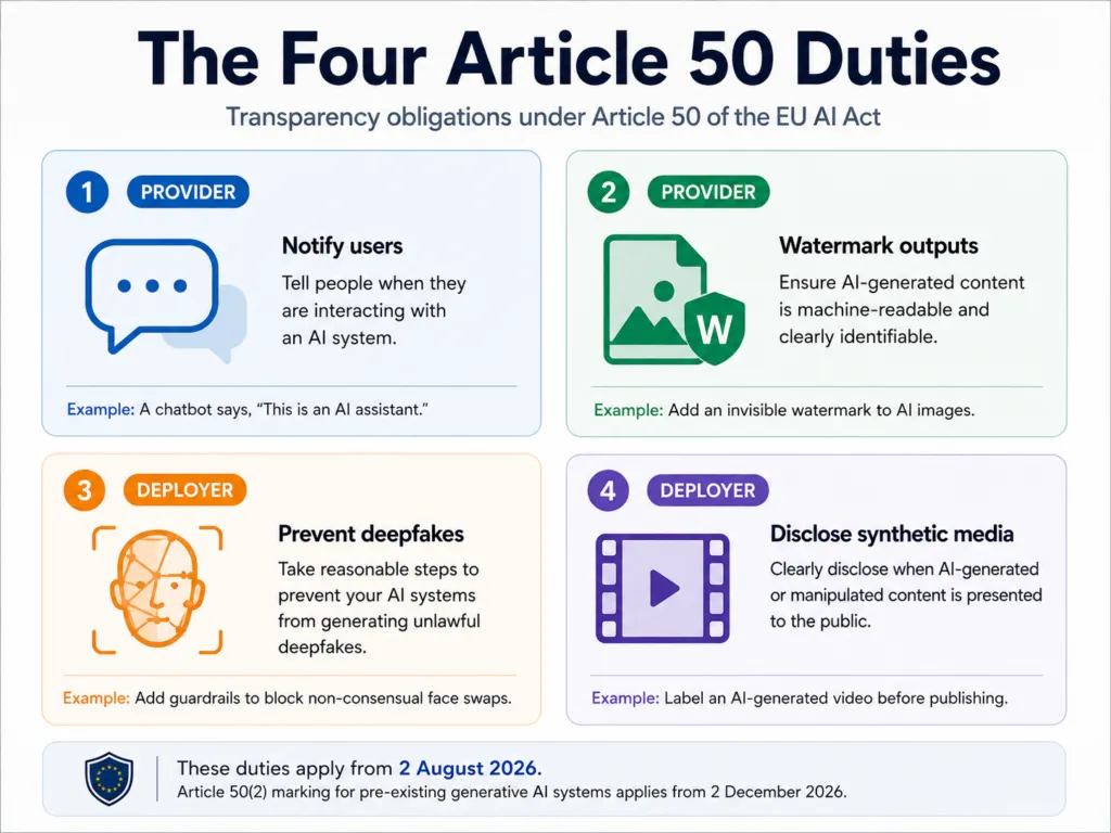 The four Article 50 duties, split between providers and deployers