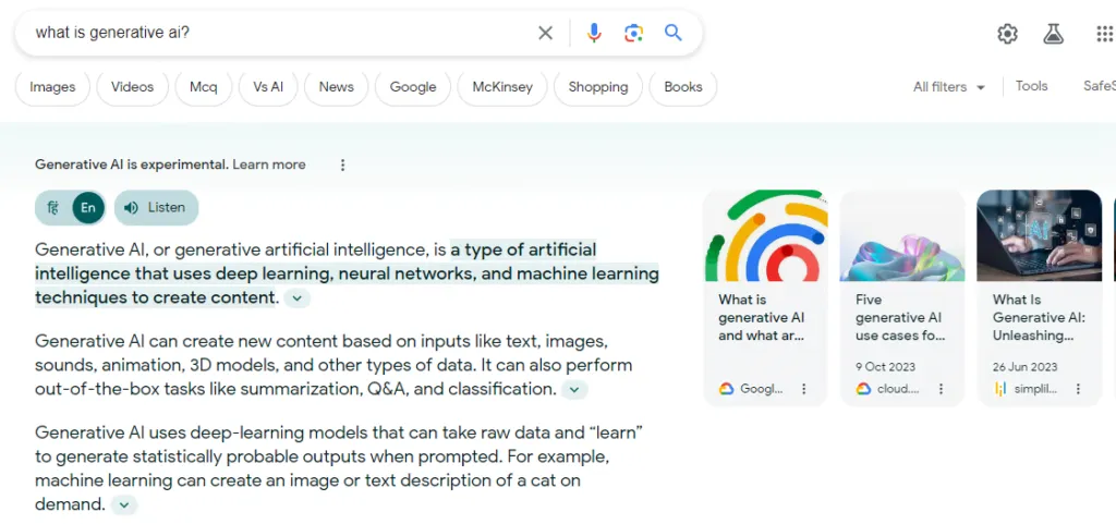 A Google results page showing an AI-written summary above the standard results